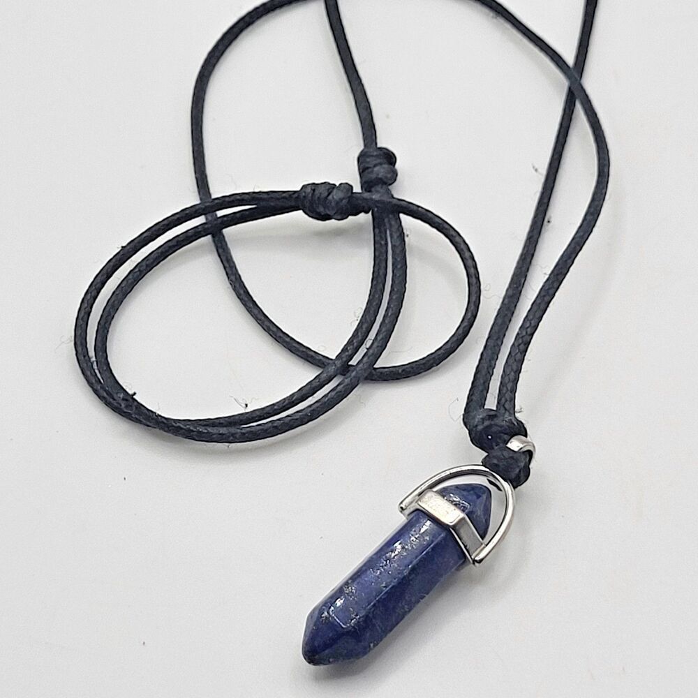 Blue Lapis Lazuli Point Pendant Necklace Adjustable Black Cord Healing Stone 24"